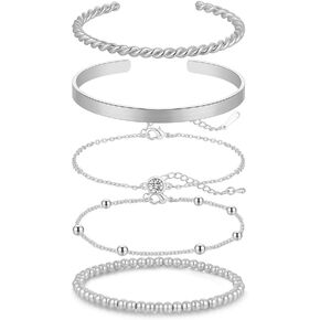 5pcs Gold Bracelet Stack for Women 14K Gold Bracelet Set Beaded Glossy Bangles Chain Cubic Zirconia Fashion Jewelry Gifts