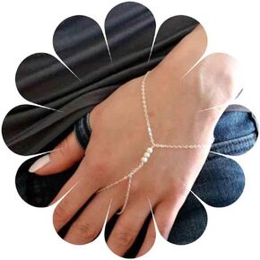 Boho Pearl Finger Ring Bracelet Silver Slave Chain Bracelet Minimalist Ring Wrist Bracelet Vintage Pearl Hand Chain Bracelet Jewelry for Women