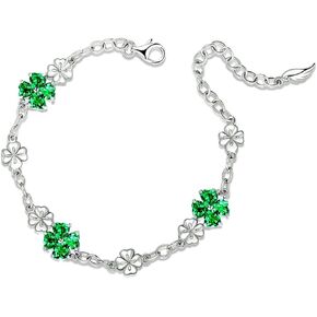 JIANGXIN Lucky Four leaf clover 925 Sterling Silver Birthstone Chain Link Bracelet for Women Gemstone Jewelry Shamrock Birthday Gift 16+4cm