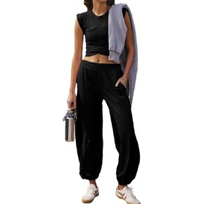 Glamaker Women's Two Piece Athletic Sets Casual Workout Sleeveless Cropped Tops High Sweatpants Joggers Tracksuits