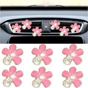 6PCS Bling Daisy Flower Car Air Vent Clip, Crystal Rhinestone Vehicle Air Vent Outlet Clip, Cute Auto Air Conditioning Clip Charm Interior Decor Accessories for Women Girls（Pink）