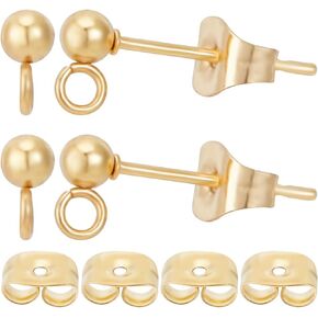 Beebeecraft 1 Box 50Pcs 3mm Ball Earring Studs for Jewellery Making 24K Gold Plated Stainless Steel Earring Posts Earring Hook Loop with 50Pcs Earring Backs Earrings Making Charms