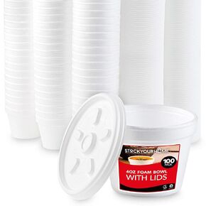 Stock Your Home 4 Ounce Foam Bowls with Lids (100 Count) - Foam Bowls with Lids - Insulated to Go Foam Cups - to Go Containers for Soup, Oatmeal, Ice Cream, Delis, Cafes, Restaurants