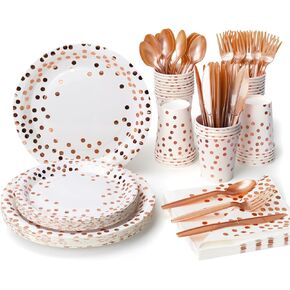 Party Supplies Set - 210 Pieces of White and Gold Dot Paper Plates, Cups, Napkins, and Heavy Duty Silverware for 30 Guests for Birthdays, Graduation, Wedding, Festivals