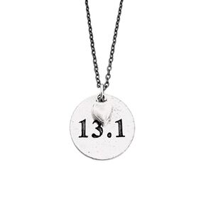 13.1 Love Half Marathon Necklace - Pewter Heart and Pewter Round 13.1 Pendant on 18 inch Gunmetal Chain