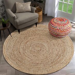 Natural Rattan Hand Woven Jute Rug, 4' Round Boho Rugs for Outdoor and Indoor, Farmhouse Rug for Dining Room Kitchen, Living Area, Under Table Circle Decor Round Rug 4ft