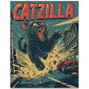 Catzilla - 11x14 Framed Art Funny Retro Cat Art Print - Great Vintage Poster - Retro Cat Gift and Décor for Cat Lovers