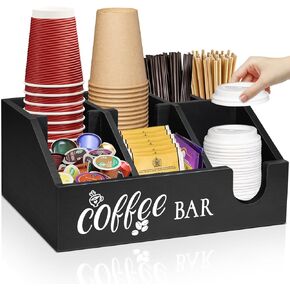 Coffee Station Organizer, Coffee Cup Holder for Counter, Wood Coffee Pod Holder Storage Basket, Coffee and Tea Condiment Organizer for K Cup Sugar, Rustic Coffee Bar Decor for Coffee Accessories