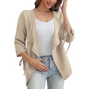 Women's Lightweight Cardigans Waterfall Collar Solid Textured 3/4 Sleeve Tie Cuffs Summer Cardigan for Women (S-XL)
