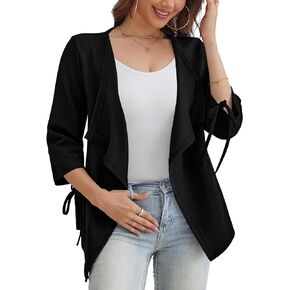 Women's Lightweight Cardigans Waterfall Collar Solid Textured 3/4 Sleeve Tie Cuffs Summer Cardigan for Women (S-XL)