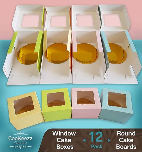 CooKeezz Couture - صناديق كعكة النافذة مقاس 4 × 4 × 2.5 سم مع نافذة شفافة لسهولة نقل الكعك والفطائر والكرواسون والمزيد - 12 عبوة متضمنة مع 12 لوحة مستديرة in Kuwait