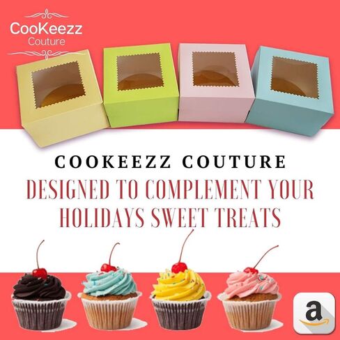 CooKeezz Couture - صناديق كعكة النافذة مقاس 4 × 4 × 2.5 سم مع نافذة شفافة لسهولة نقل الكعك والفطائر والكرواسون والمزيد - 12 عبوة متضمنة مع 12 لوحة مستديرة in Kuwait