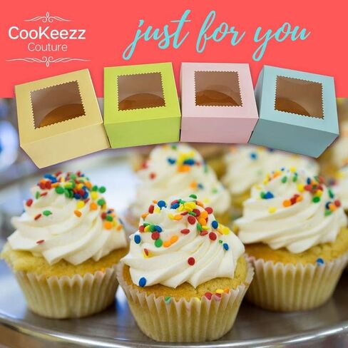 CooKeezz Couture - صناديق كعكة النافذة مقاس 4 × 4 × 2.5 سم مع نافذة شفافة لسهولة نقل الكعك والفطائر والكرواسون والمزيد - 12 عبوة متضمنة مع 12 لوحة مستديرة in Kuwait