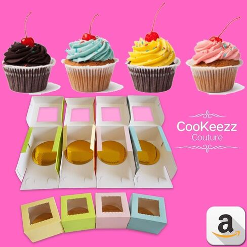 CooKeezz Couture - صناديق كعكة النافذة مقاس 4 × 4 × 2.5 سم مع نافذة شفافة لسهولة نقل الكعك والفطائر والكرواسون والمزيد - 12 عبوة متضمنة مع 12 لوحة مستديرة in Kuwait