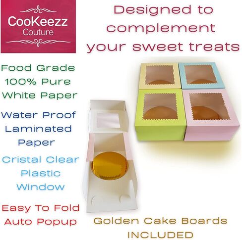 CooKeezz Couture - صناديق كعكة النافذة مقاس 4 × 4 × 2.5 سم مع نافذة شفافة لسهولة نقل الكعك والفطائر والكرواسون والمزيد - 12 عبوة متضمنة مع 12 لوحة مستديرة in Kuwait