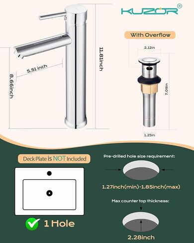 Tall Vessel Sink Faucet Chrome Single Hole, One Handle Bathroom Faucets with Pop Up Drain, 1 Hole Faucet for Bathroom Bowl Sink 12 Inch, Chrome in Saudi Arabia