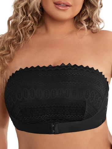 OYOANGLE Women's Plus Size Contrast Lace Front Buckle Strapless Bra Wireless Invisible Bandeau Bralette in Saudi Arabia