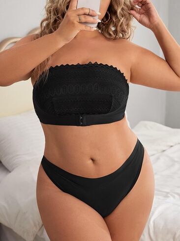 OYOANGLE Women's Plus Size Contrast Lace Front Buckle Strapless Bra Wireless Invisible Bandeau Bralette in Saudi Arabia