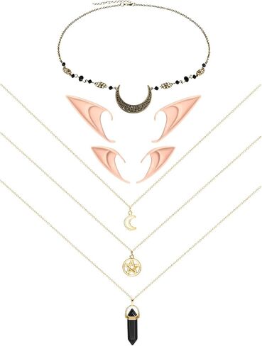 Inbagi 4 Pcs Cosplay Fairy Ears for Women Include 2 Pairs Fairy Pixie Elf Ears Crystal Head Chain Moon Head Chain Bohemian Moon Star Necklace for Girls Cosplay Costume Witches Accessory in Saudi Arabia