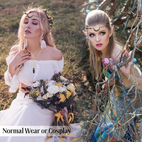 Inbagi 4 Pcs Cosplay Fairy Ears for Women Include 2 Pairs Fairy Pixie Elf Ears Crystal Head Chain Moon Head Chain Bohemian Moon Star Necklace for Girls Cosplay Costume Witches Accessory in Saudi Arabia