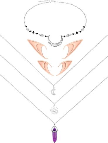 Inbagi 4 Pcs Cosplay Fairy Ears for Women Include 2 Pairs Fairy Pixie Elf Ears Crystal Head Chain Moon Head Chain Bohemian Moon Star Necklace for Girls Cosplay Costume Witches Accessory in Saudi Arabia