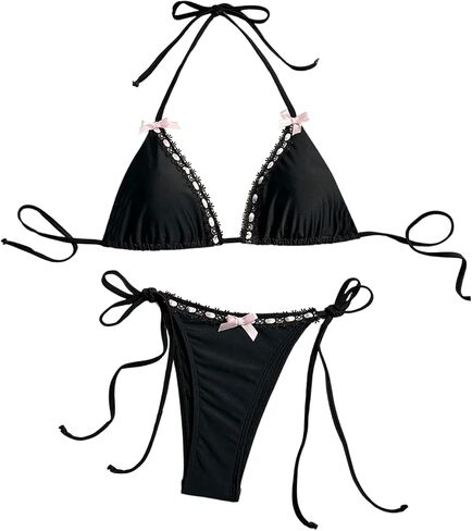 المرأة 2 قطعة Y2K القماش القطني طباعة القوس الجبهة بيكيني الرسن التعادل مجموعة البكيني مثلث مجموعة بحر ملابس السباحة ثوب السباحة أسود كبير in Kuwait