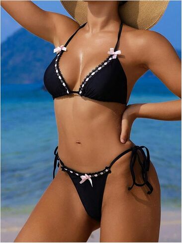 المرأة 2 قطعة Y2K القماش القطني طباعة القوس الجبهة بيكيني الرسن التعادل مجموعة البكيني مثلث مجموعة بحر ملابس السباحة ثوب السباحة أسود كبير in Kuwait