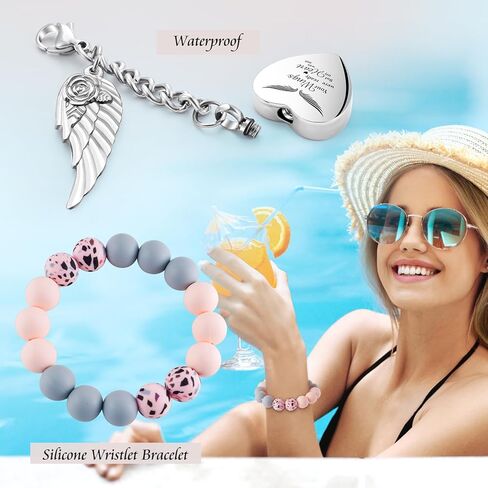 XIUDA Urn Bracelet for Ashes Silicone Bead Key Ring Wristlet with Leather Tassel Wrist Heart Memorial Cremation Bracelet for Women Girls in Saudi Arabia
