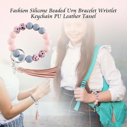 XIUDA Urn Bracelet for Ashes Silicone Bead Key Ring Wristlet with Leather Tassel Wrist Heart Memorial Cremation Bracelet for Women Girls in Saudi Arabia