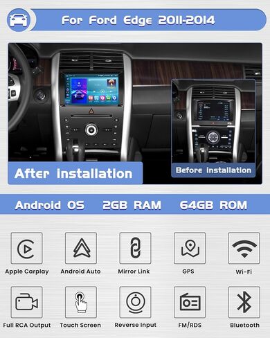 Roinvou 2+64G Android 9" Touch Screen for Ford Edge 2011-2014 with Wireless CarPlay Android Auto WiFi Bluetooth GPS Navigation FM RDS Radio Backup Camera in Saudi Arabia