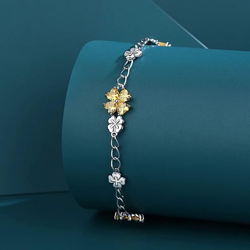 JIANGXIN Lucky Four leaf clover 925 Sterling Silver Birthstone Chain Link Bracelet for Women Gemstone Jewelry Shamrock Birthday Gift 16+4cm in Saudi Arabia