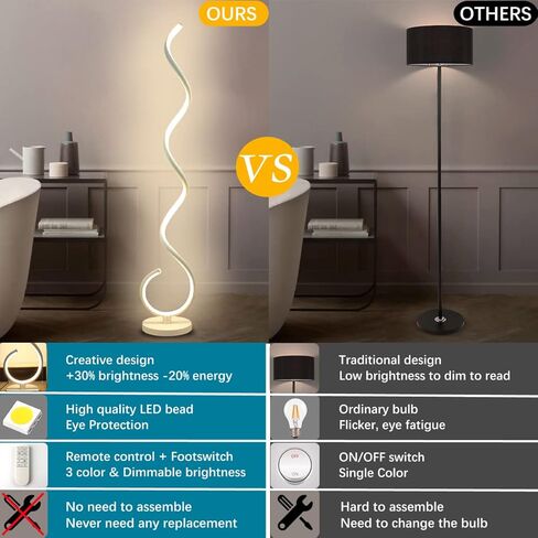 مصابيح أرضية حديثة لغرفة المعيشة، مصباح أرضي حلزوني LED قابل للتعتيم بقدرة 40 وات مع جهاز تحكم عن بعد، ألوان قابلة للتعديل وسطوع مصباح قائم للقراءة ومصباح أرضي لغرفة النوم والمكتب - فضي in Kuwait