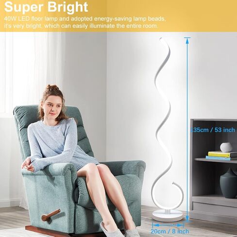 مصابيح أرضية حديثة لغرفة المعيشة، مصباح أرضي حلزوني LED قابل للتعتيم بقدرة 40 وات مع جهاز تحكم عن بعد، ألوان قابلة للتعديل وسطوع مصباح قائم للقراءة ومصباح أرضي لغرفة النوم والمكتب - فضي in Kuwait