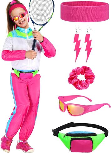80s Outfits for Kids Girls 90s Party Workout Halloween Costume Neon Tracksuit for Disco Accessories in Kuwait
