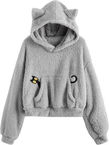 SHENHE Women's Cute Cat Print Teddy Hoodie Cartoon Sweatshirt with Ears in Saudi Arabia