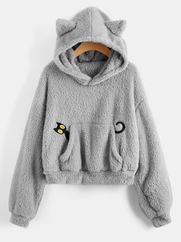 SHENHE Women's Cute Cat Print Teddy Hoodie Cartoon Sweatshirt with Ears in Saudi Arabia