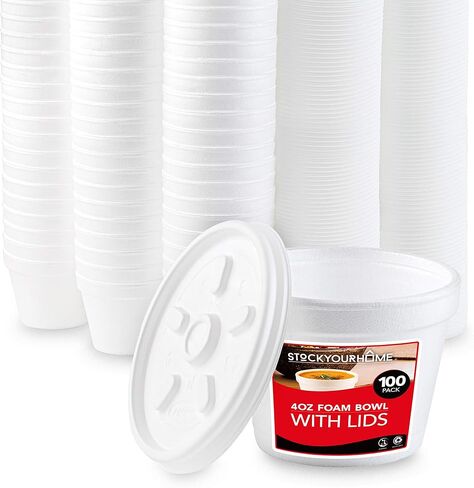 Stock Your Home 4 Ounce Foam Bowls with Lids (100 Count) - Foam Bowls with Lids - Insulated to Go Foam Cups - to Go Containers for Soup, Oatmeal, Ice Cream, Delis, Cafes, Restaurants in Saudi Arabia