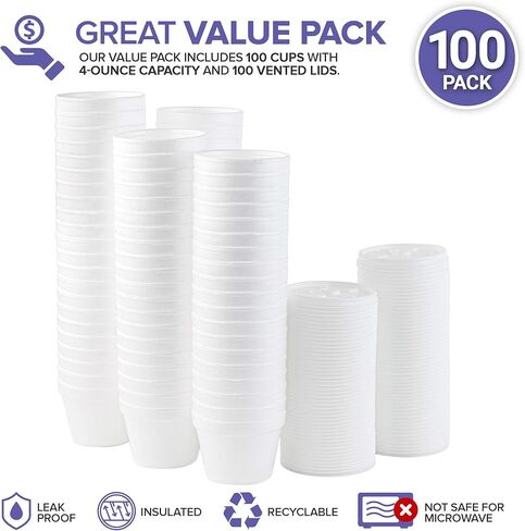 Stock Your Home 4 Ounce Foam Bowls with Lids (100 Count) - Foam Bowls with Lids - Insulated to Go Foam Cups - to Go Containers for Soup, Oatmeal, Ice Cream, Delis, Cafes, Restaurants in Saudi Arabia