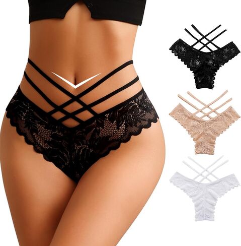 Women Sexy Lace Bikini Panties High Waisted V-Shape Criss Cross Panties Ladies Cute Hipster Briefs Multipack in Saudi Arabia