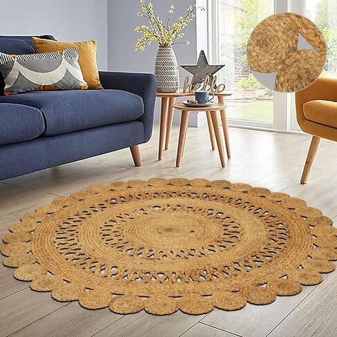 Natural Rattan Hand Woven Jute Rug, 4' Round Boho Rugs for Outdoor and Indoor, Farmhouse Rug for Dining Room Kitchen, Living Area, Under Table Circle Decor Round Rug 4ft in Saudi Arabia
