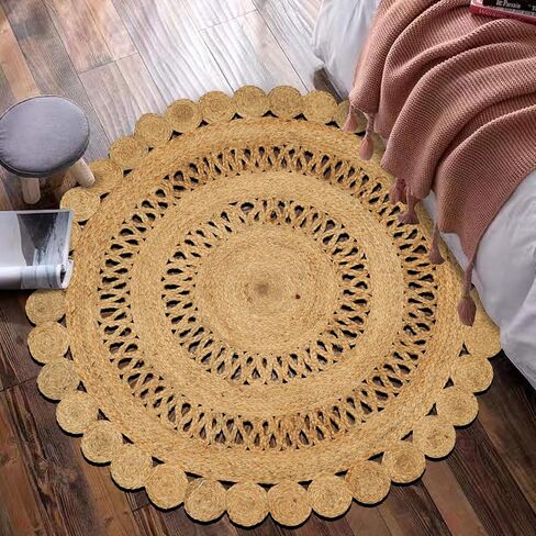 Natural Rattan Hand Woven Jute Rug, 4' Round Boho Rugs for Outdoor and Indoor, Farmhouse Rug for Dining Room Kitchen, Living Area, Under Table Circle Decor Round Rug 4ft in Saudi Arabia