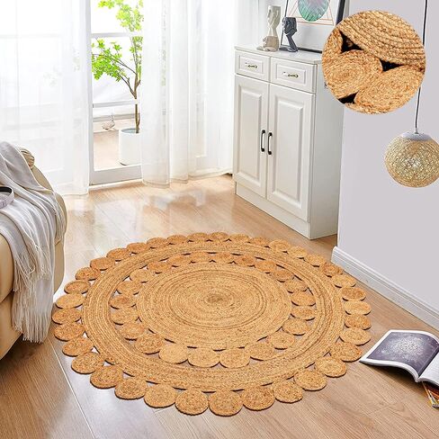 Natural Rattan Hand Woven Jute Rug, 4' Round Boho Rugs for Outdoor and Indoor, Farmhouse Rug for Dining Room Kitchen, Living Area, Under Table Circle Decor Round Rug 4ft in Kuwait