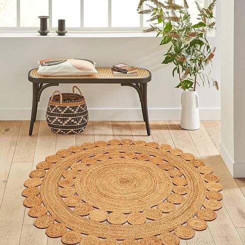 Natural Rattan Hand Woven Jute Rug, 4' Round Boho Rugs for Outdoor and Indoor, Farmhouse Rug for Dining Room Kitchen, Living Area, Under Table Circle Decor Round Rug 4ft in Kuwait