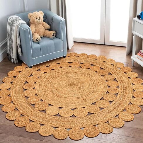 Natural Rattan Hand Woven Jute Rug, 4' Round Boho Rugs for Outdoor and Indoor, Farmhouse Rug for Dining Room Kitchen, Living Area, Under Table Circle Decor Round Rug 4ft in Kuwait