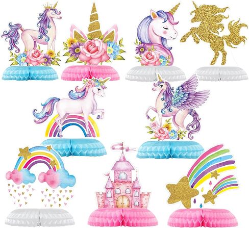 9pcs 3D Rainbow Unicorn Honeycomb Centerpieces for Birthday Party Decorations, Shiny Cloud Rainbow Unicorn Theme Centerpieces for Girls Party Supplies Baby Shower Party Decorations in Kuwait