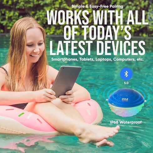 PyleUsa Floating Pool Speaker w/Lights Show, Waterproof Bluetooth Speaker, IP68, Crystal Clear Sound Quality, Surround Stereo Sound, Wireless 50 ft Range, for Shower, Hot Tub, Beach, Travel (Black) in Saudi Arabia
