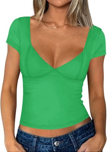 Zeagoo Womens 2024 Sexy Deep V Neck Tops Short Sleeve Slim Fit Backless T Shirts Cute Y2k Corset Cami Top in Saudi Arabia