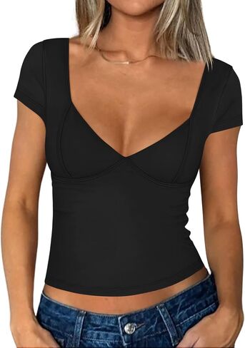 Zeagoo Womens 2024 Sexy Deep V Neck Tops Short Sleeve Slim Fit Backless T Shirts Cute Y2k Corset Cami Top in Saudi Arabia
