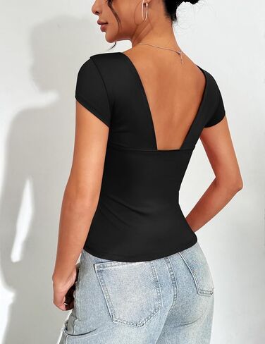 Zeagoo Womens 2024 Sexy Deep V Neck Tops Short Sleeve Slim Fit Backless T Shirts Cute Y2k Corset Cami Top in Saudi Arabia