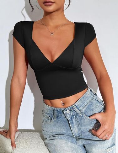 Zeagoo Womens 2024 Sexy Deep V Neck Tops Short Sleeve Slim Fit Backless T Shirts Cute Y2k Corset Cami Top in Saudi Arabia